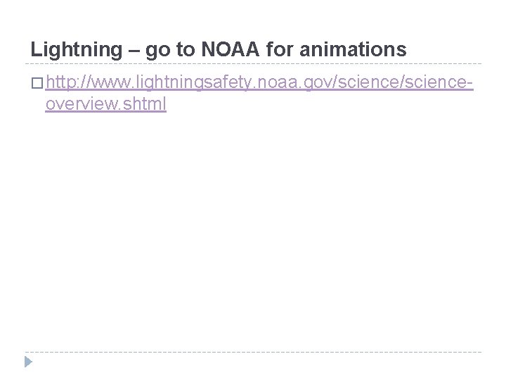 Lightning – go to NOAA for animations � http: //www. lightningsafety. noaa. gov/science- overview.