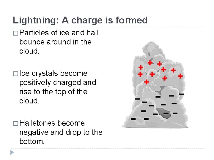 Lightning: A charge is formed � Particles of ice and hail bounce around in
