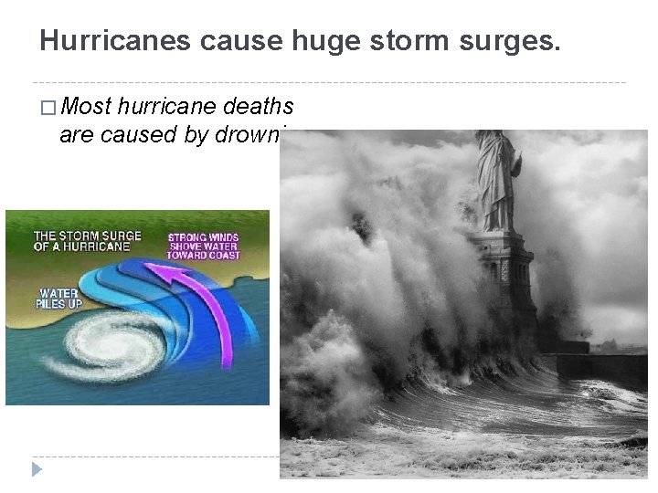 Hurricanes cause huge storm surges. � Most hurricane deaths are caused by drowning. 
