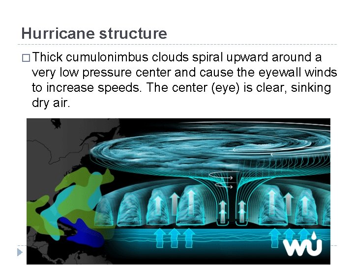 Hurricane structure � Thick cumulonimbus clouds spiral upward around a very low pressure center