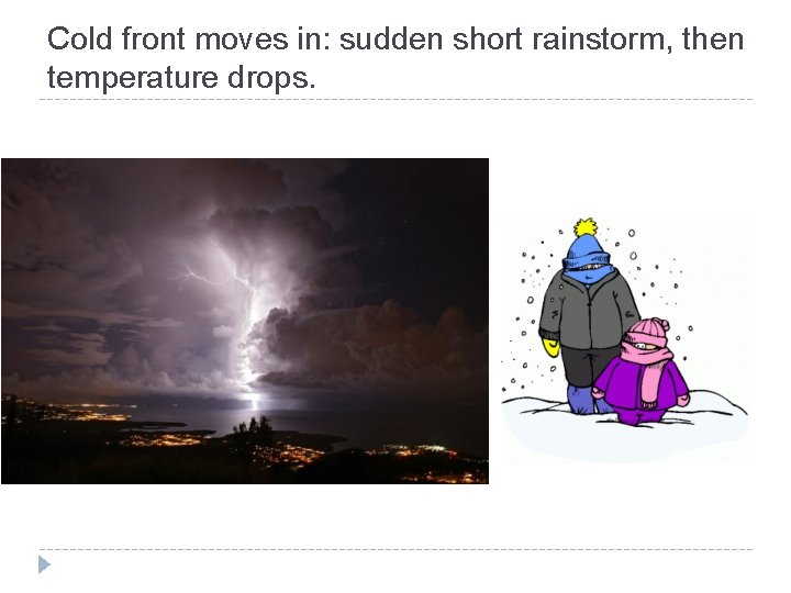 Cold front moves in: sudden short rainstorm, then temperature drops. 