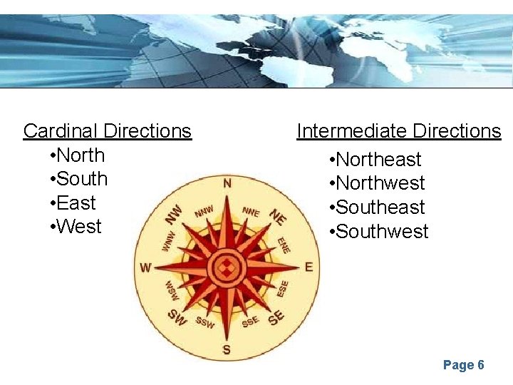 Cardinal Directions • North • South • East • West Intermediate Directions • Northeast