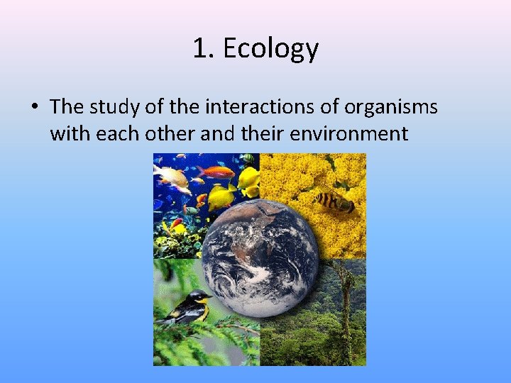 1. Ecology • The study of the interactions of organisms with each other and