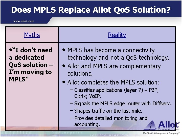 Does MPLS Replace Allot Qo. S Solution? Reality Myths • “I don’t need a