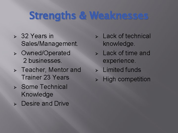 Strengths & Weaknesses Ø Ø Ø 32 Years in Sales/Management. Owned/Operated 2 businesses. Teacher,