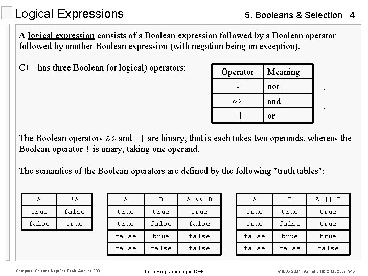 Logical Expressions 5. Booleans & Selection 4 A logical expression consists of a Boolean