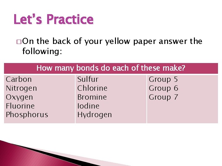 Let’s Practice � On the back of your yellow paper answer the following: How