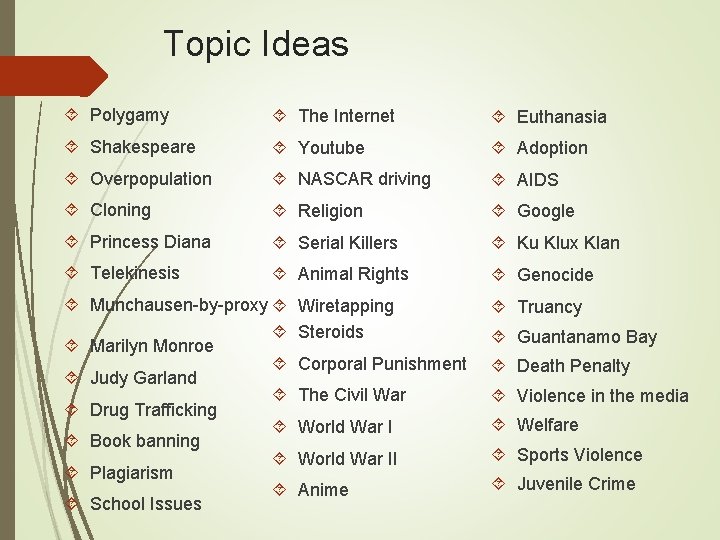 Topic Ideas Polygamy The Internet Euthanasia Shakespeare Youtube Adoption Overpopulation NASCAR driving AIDS Cloning Topic Ideas Polygamy The Internet Euthanasia Shakespeare Youtube Adoption Overpopulation NASCAR driving AIDS Cloning