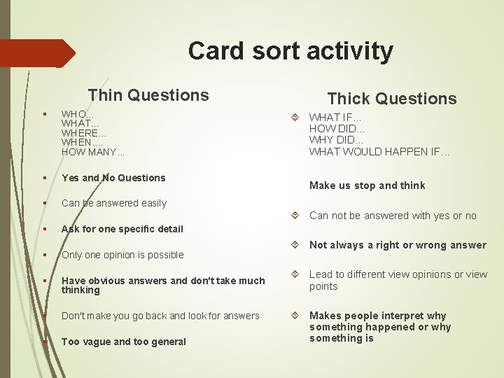 Card sort activity Thin Questions § WHO. . . WHAT. . . WHERE. . Card sort activity Thin Questions § WHO. . . WHAT. . . WHERE. .