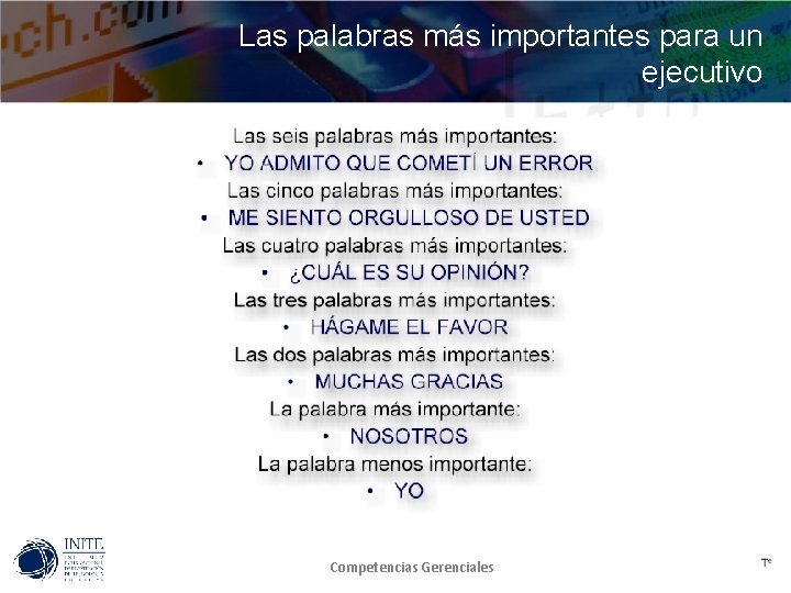 Las palabras más importantes para un ejecutivo Competencias Gerenciales 