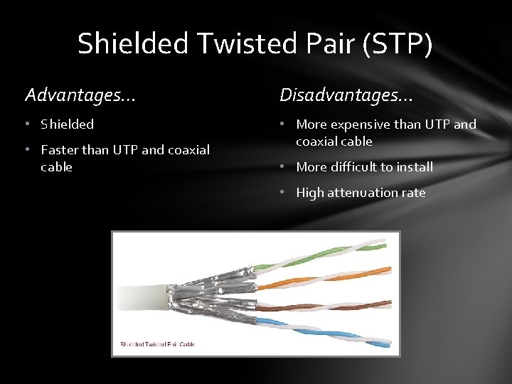 Shielded Twisted Pair (STP) Advantages… Disadvantages… • Shielded • More expensive than UTP and