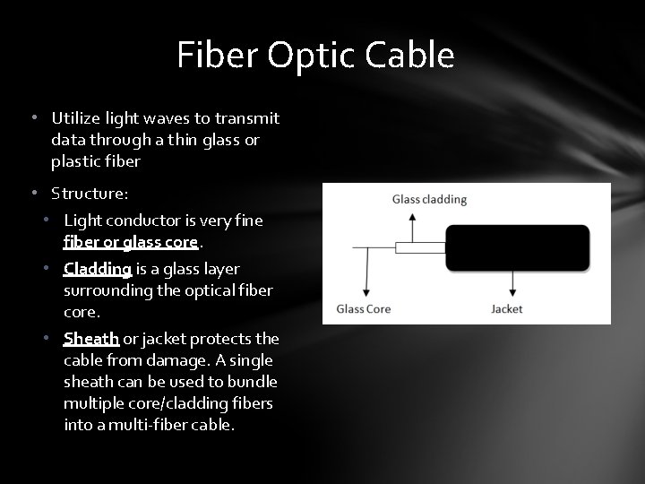 Fiber Optic Cable • Utilize light waves to transmit data through a thin glass