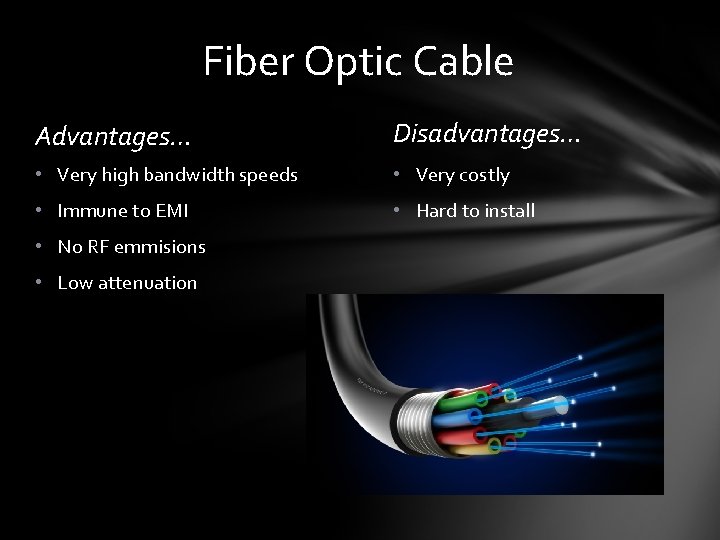 Fiber Optic Cable Advantages… Disadvantages… • Very high bandwidth speeds • Very costly •