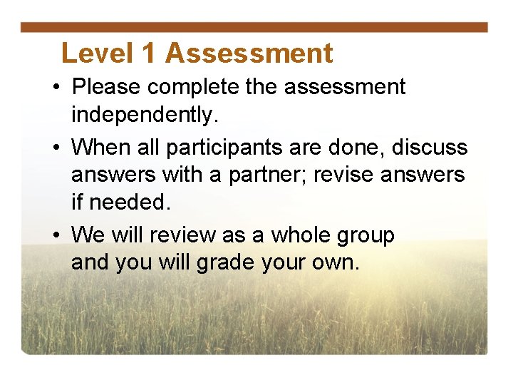 Level 1 Assessment • Please complete the assessment independently. • When all participants are