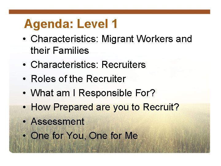 Agenda: Level 1 • Characteristics: Migrant Workers and their Families • Characteristics: Recruiters •