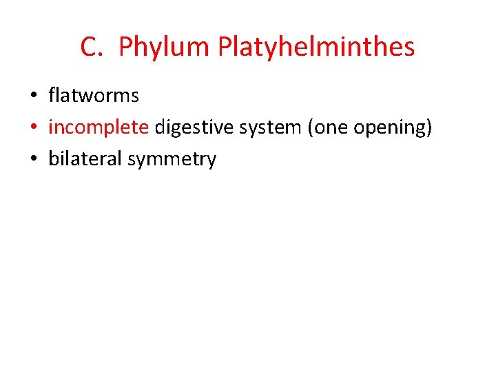 C. Phylum Platyhelminthes • flatworms • incomplete digestive system (one opening) • bilateral symmetry