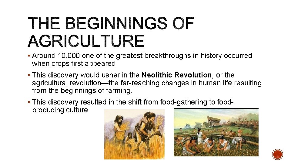 § Around 10, 000 one of the greatest breakthroughs in history occurred when crops