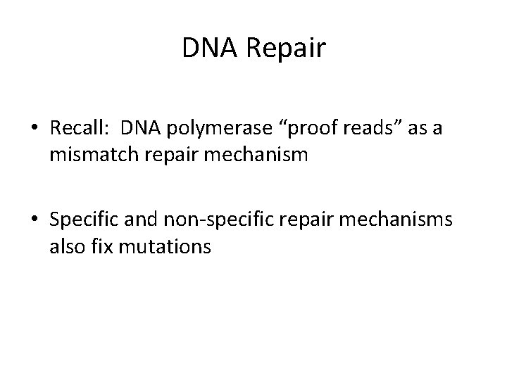 DNA Repair • Recall: DNA polymerase “proof reads” as a mismatch repair mechanism •