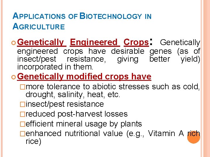 APPLICATIONS OF BIOTECHNOLOGY IN AGRICULTURE Genetically Engineered Crops: Genetically engineered crops have desirable genes