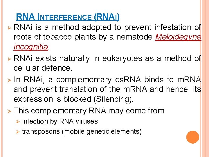 RNA INTERFERENCE (RNAI) Ø RNAi is a method adopted to prevent infestation of roots