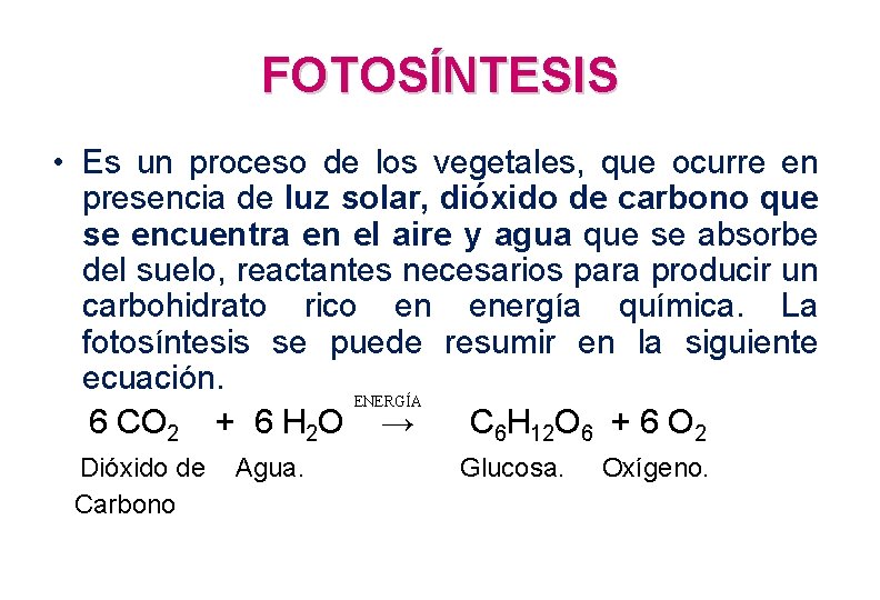 FOTOSÍNTESIS • Es un proceso de los vegetales, que ocurre en presencia de luz