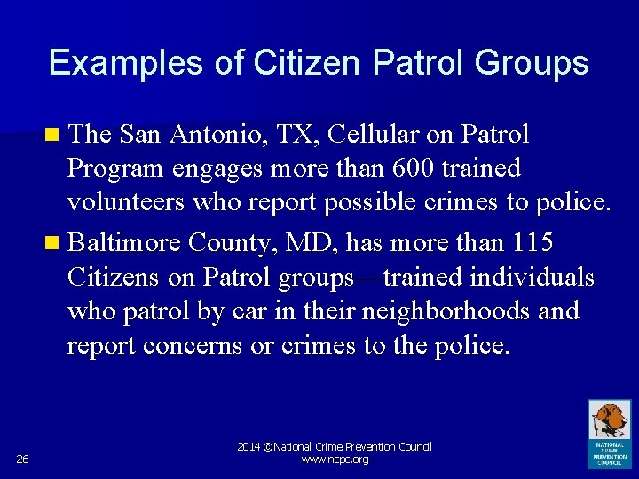 Examples of Citizen Patrol Groups n The San Antonio, TX, Cellular on Patrol Program