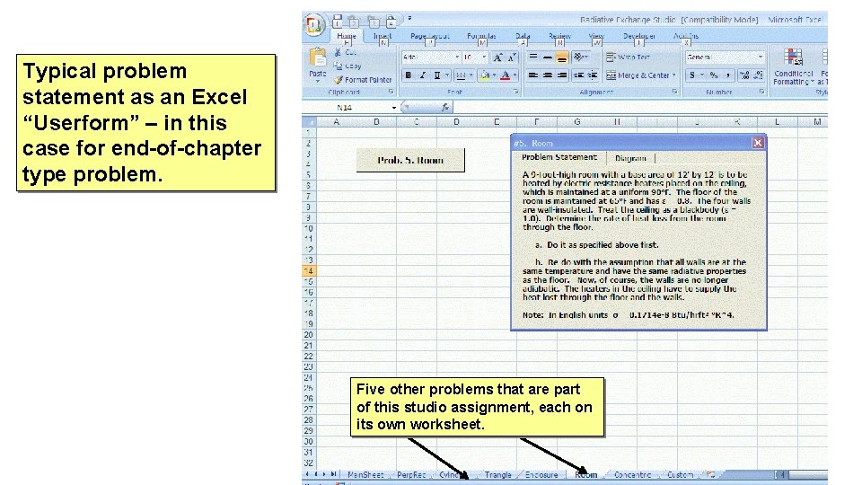 Typical problem statement as an Excel “Userform” – in this case for end-of-chapter type