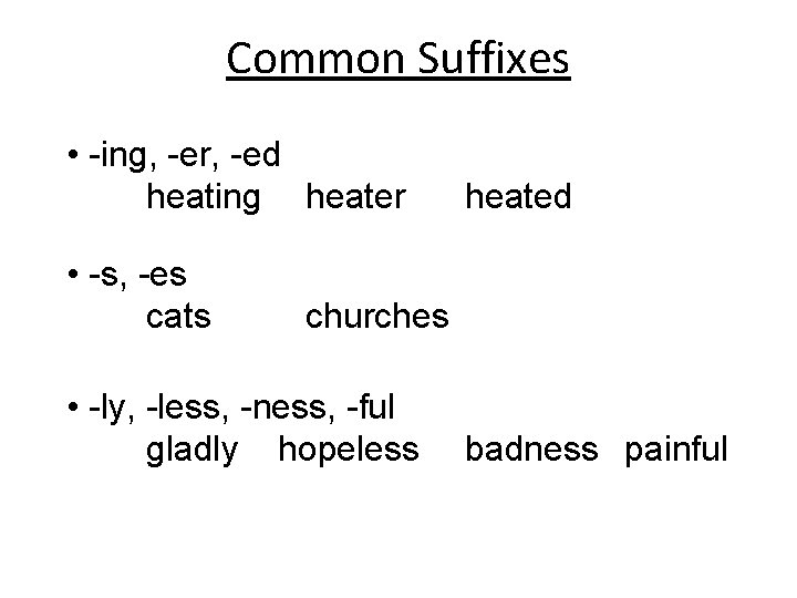 Common Suffixes • -ing, -er, -ed heating heater • -s, -es cats heated churches