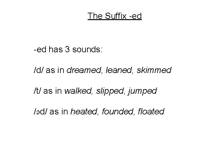 The Suffix -ed has 3 sounds: /d/ as in dreamed, leaned, skimmed /t/ as