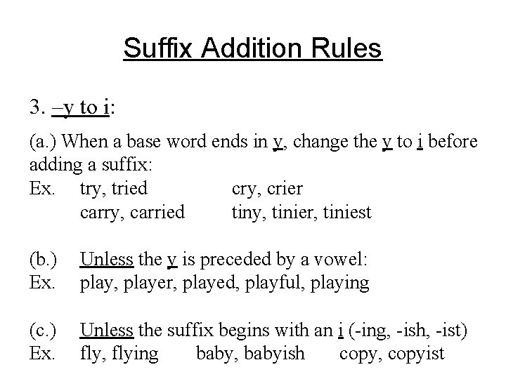 Suffix Addition Rules 3. –y to i: (a. ) When a base word ends