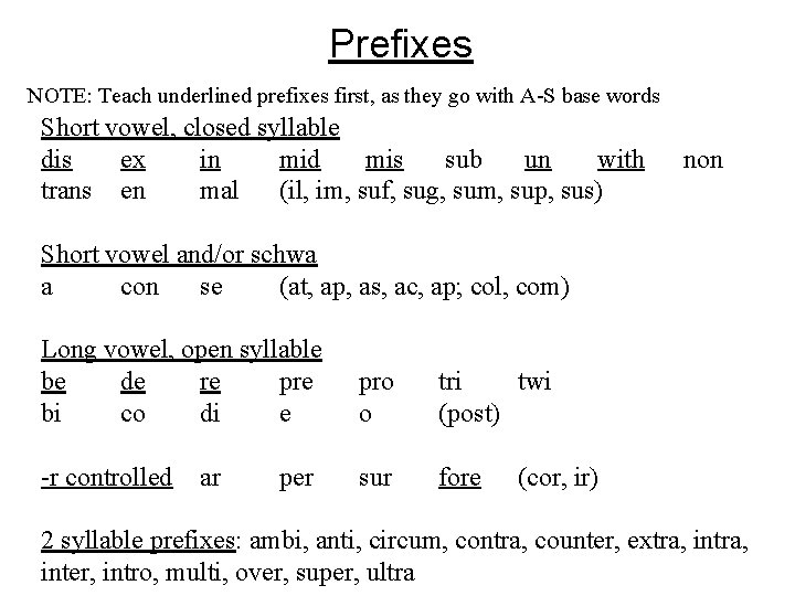 Prefixes NOTE: Teach underlined prefixes first, as they go with A-S base words Short