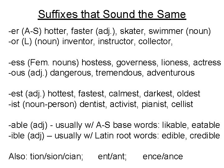 Suffixes that Sound the Same -er (A-S) hotter, faster (adj. ), skater, swimmer (noun)