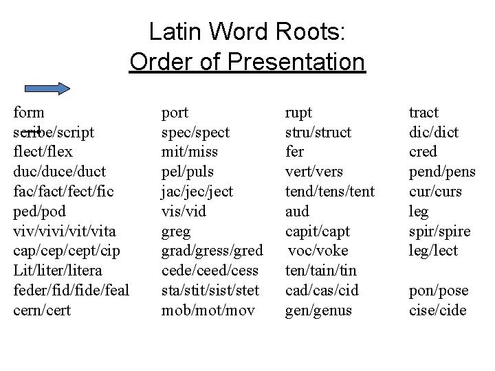 Latin Word Roots: Order of Presentation form scribe/script flect/flex duc/duce/duct fac/fact/fect/fic ped/pod viv/vivi/vita cap/cept/cip