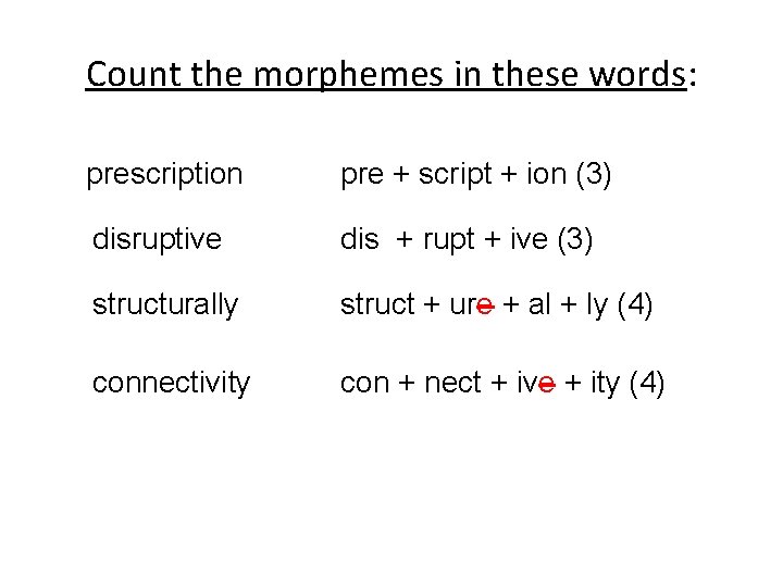 Count the morphemes in these words: prescription pre + script + ion (3) disruptive