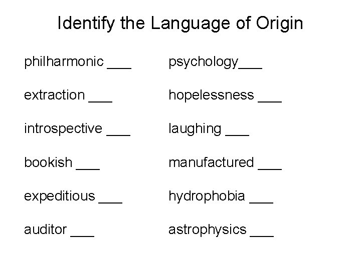 Identify the Language of Origin philharmonic ___ psychology___ extraction ___ hopelessness ___ introspective ___