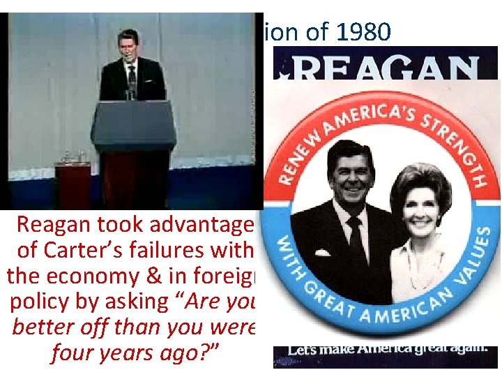 The Election of 1980 In 1980, conservative Republican Ronald Reagan ran for president Reagan