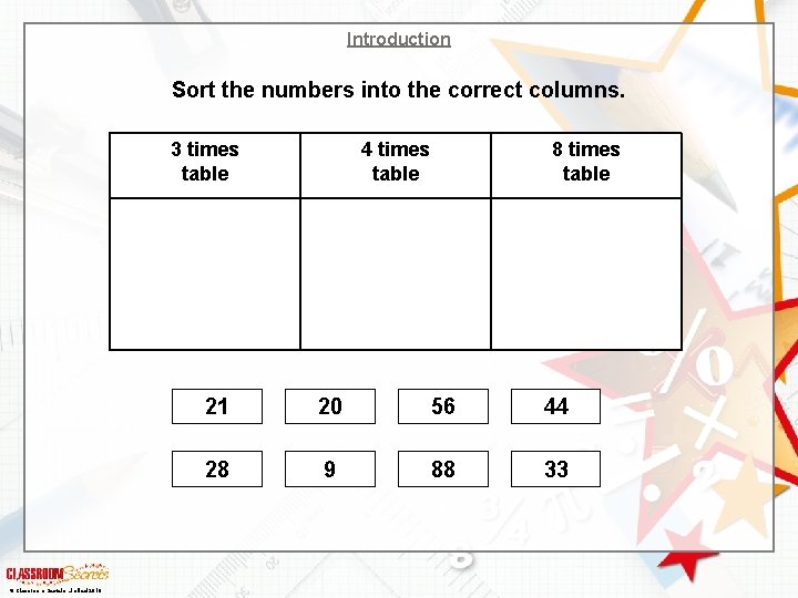 Introduction Sort the numbers into the correct columns. 3 times table © Classroom Secrets