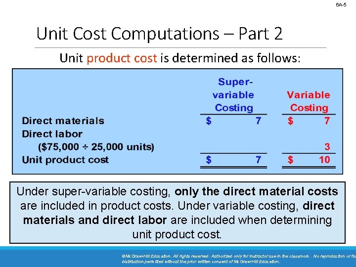 6 A-5 Unit Cost Computations – Part 2 Unit product cost is determined as