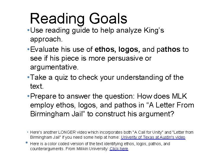 Reading Goals • Use reading guide to help analyze King’s approach. • Evaluate his