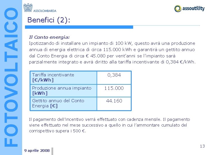 FOTOVOLTAICO Benefici (2): Il Conto energia: Ipotizzando di installare un impianto di 100 k.