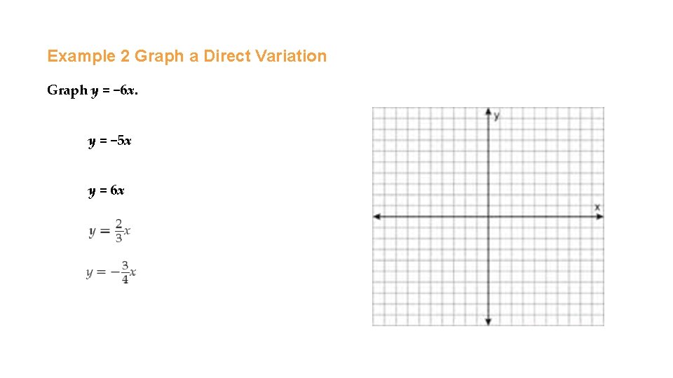 Example 2 Graph a Direct Variation Graph y = − 6 x. y =
