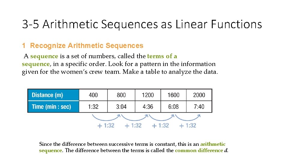 3 -5 Arithmetic Sequences as Linear Functions 1 Recognize Arithmetic Sequences A sequence is