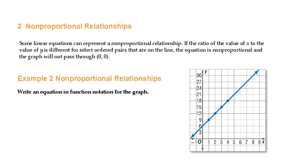 2 Nonproportional Relationships Some linear equations can represent a nonproportional relationship. If the ratio