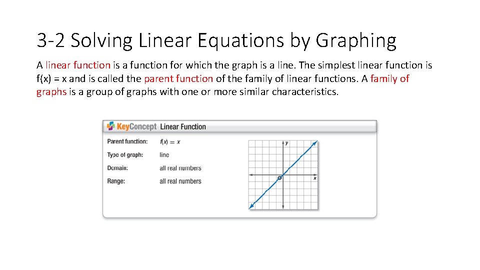 3 -2 Solving Linear Equations by Graphing A linear function is a function for