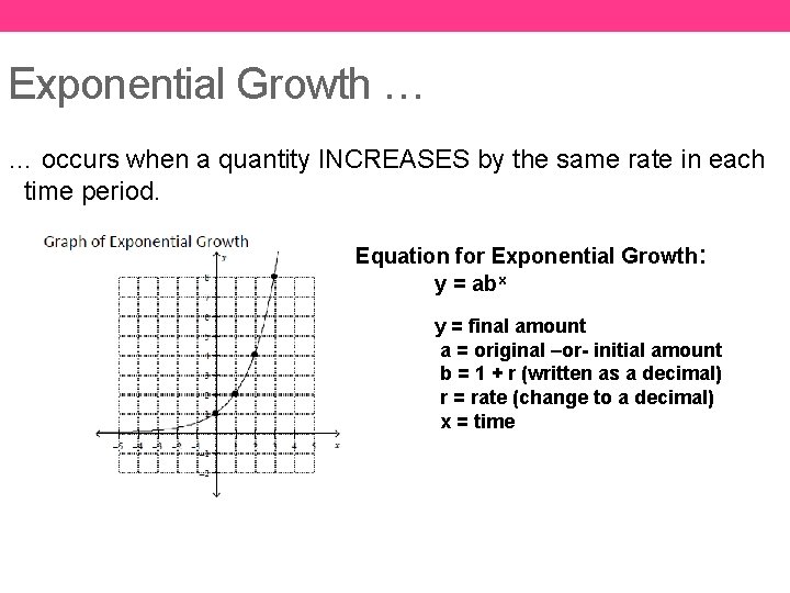 Exponential Growth … … occurs when a quantity INCREASES by the same rate in