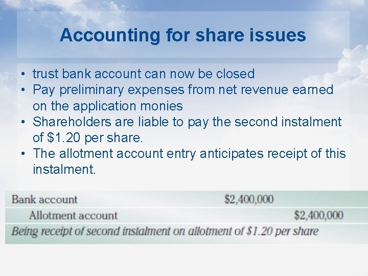 Accounting for share issues • trust bank account can now be closed • Pay