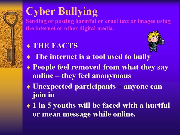 Cyber Bullying Sending or posting harmful or cruel text or images using the internet