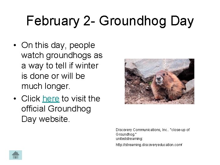 February 2 - Groundhog Day • On this day, people watch groundhogs as a