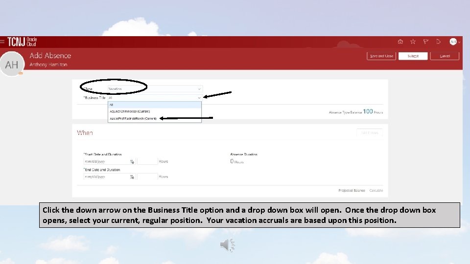 Click the down arrow on the Business Title option and a drop down box