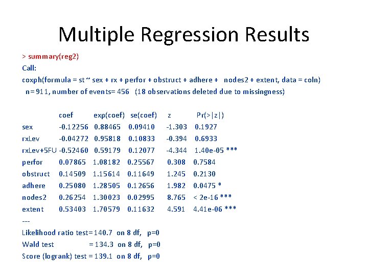 Multiple Regression Results > summary(reg 2) Call: coxph(formula = st ~ sex + rx